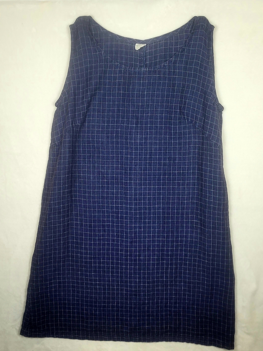 Linenbee Navy Grid Sleeveless 100% Linen Shift Dress Large